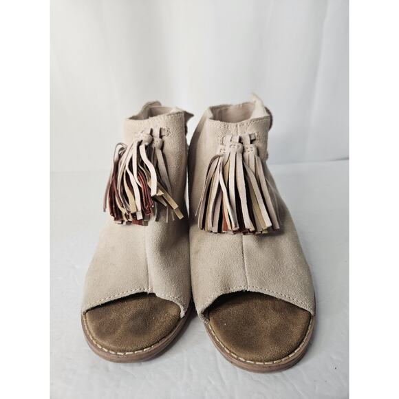 Toms Light Blush Pink Suede Tassel Block Heel Open Toe Booties 9 - Picture 2 of 7